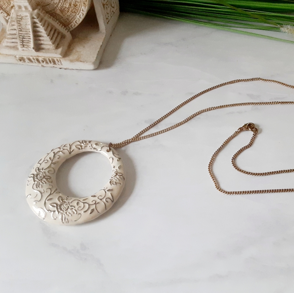 Long White Circle Statement Necklace